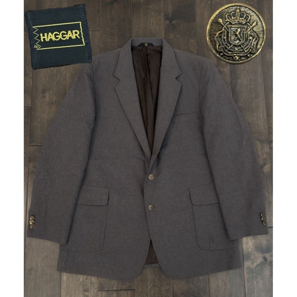 Vintage Haggar Blazer Jacket Mens Size 46L Grey USA Made Gold Buttons Two Button